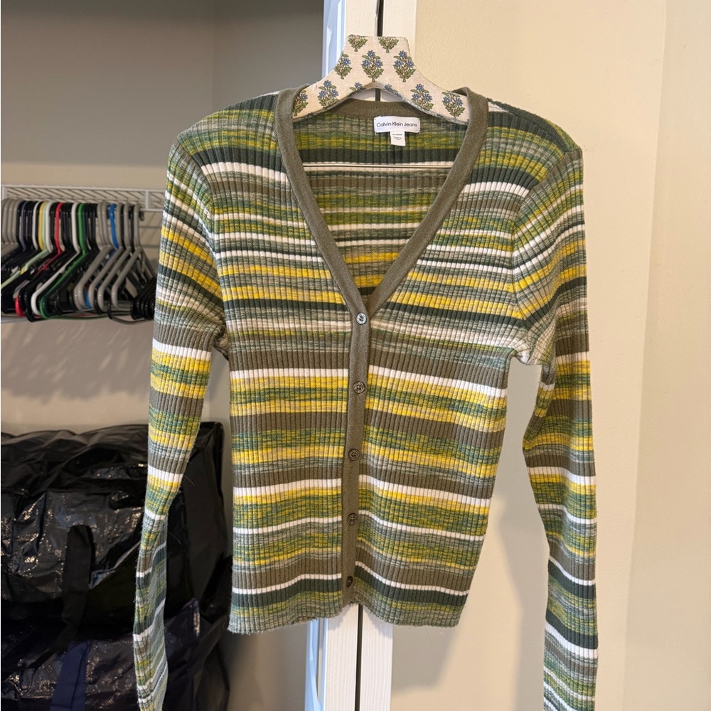 Calvin Klein Jeans Olive Green Striped Rib-Knit Cardigan